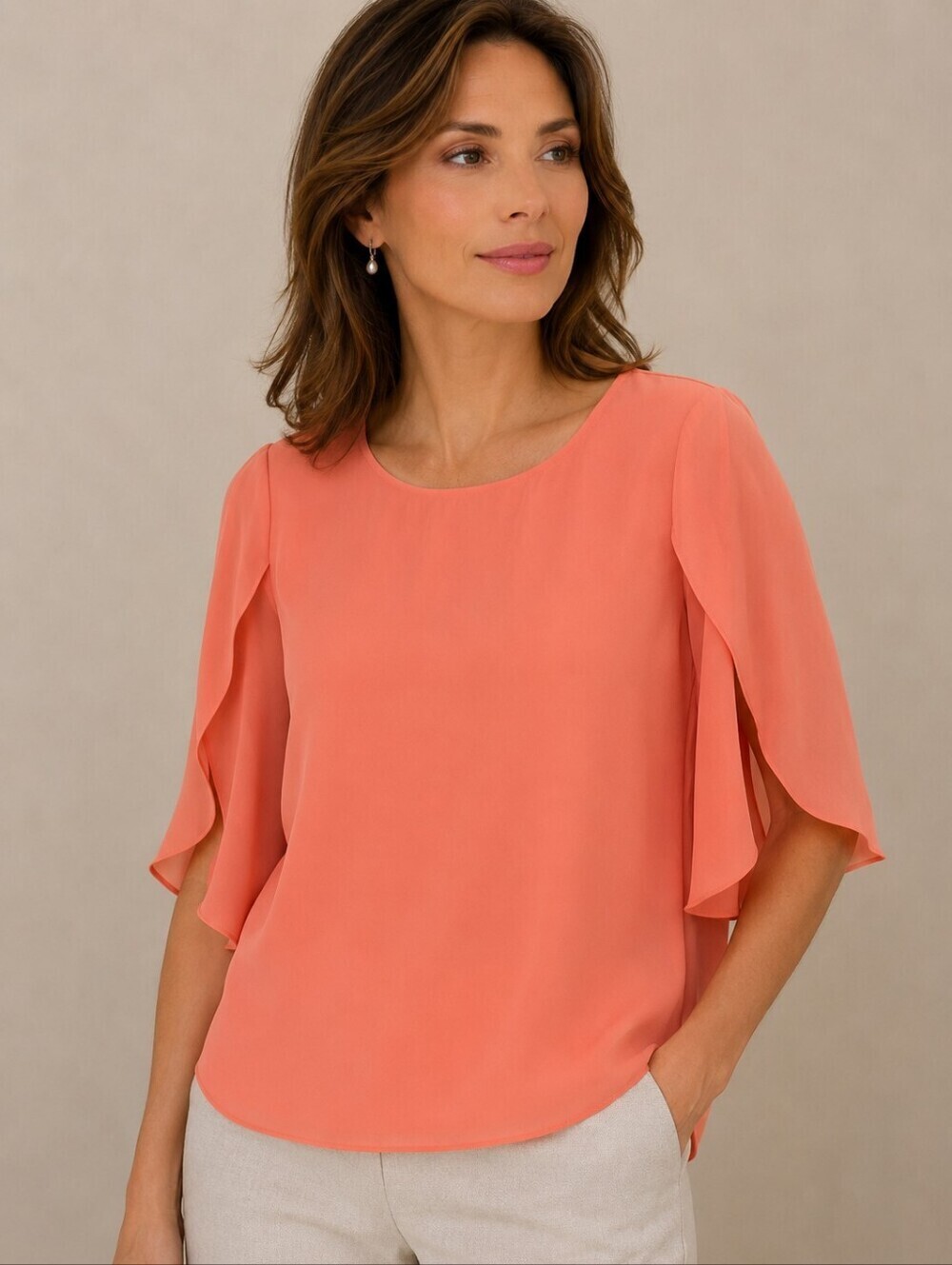 EVERLY Peach Split Petal Cascade Sleeve Flounce Blouse Size Small